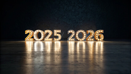 Golden light bulb sign showing transition from 2025 to 2026 for holiday banner