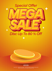 Vibrant mega sale promotional banner with red-orange podium, discount coupon and editable text in 3d style