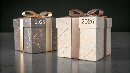 Luxury New Year gift boxes with gold marble texture and 2026 transition numbers