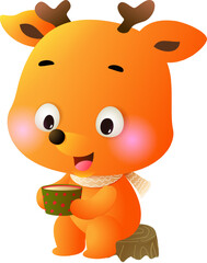 Cute Cartoon Deer Character Holding Cup