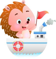 Cute Cartoon Hedgehog Sailing a Boat