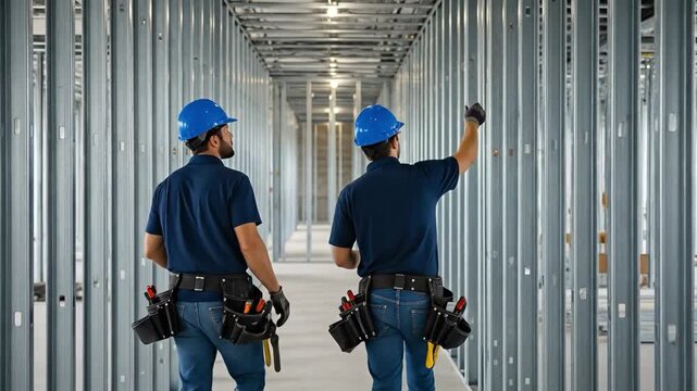 Two Male Construction Workers in Blue Hard Hats Engaged in Framing Work Inside a Commercial Building