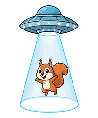 A happy cartoon squirrel being lifted into a flying saucer by a bright blue tractor beam.
