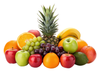 A vibrant and bountiful assortment of fresh fruits, including pineapples, apples, oranges, bananas, grapes, and limes, are artfully arranged in a still life, isolated on transparent background.