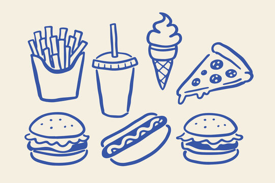 Fast Food Set Doodle Outline Icons Vector Illustration