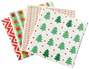 Colorful and festive patterned paper napkins, featuring a variety of holiday designs including chevron stripes, herringbone patterns, and stylized Christmas, isolated on transparent background.