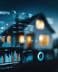  Glowing real estate analytics dashboard overlays a modern suburban house at night.

