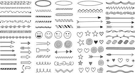 Hand Drawn Design Element Collection Featuring Arrows Borders Dividers Hearts Stars and Simple Emoticons for Creative Bullet Journaling and Illustration