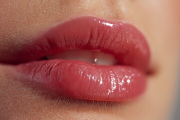 Close up of glossy lips biting lower lip