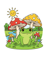 Obraz premium A cute cartoon frog sitting happily among colorful mushrooms under a smiling sun