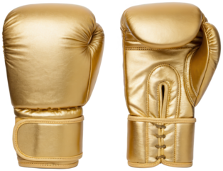 Gleaming, metallic gold boxing gloves crafted from a synthetic leather material are presented in a side-by-side view, showcasing both the palm and back, isolated on transparent background.
