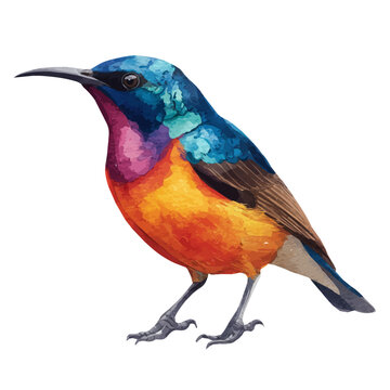 Watercolor isometric artwork featuring Sunbird, presented on white background.