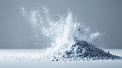 Dynamic white powder explosion with flying particles on a light blue-gray background, illustrating a burst of energy or material science.