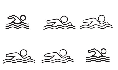 A collection of black outline swimming icons depicting different strokes in vector style