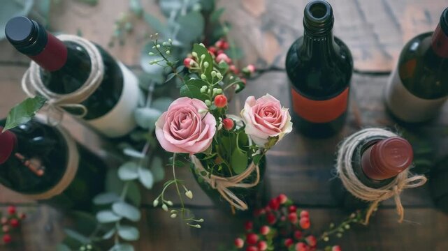 Wine bottles are displayed with pink roses and berries on a table. The scene is elegantly arranged and inviting.