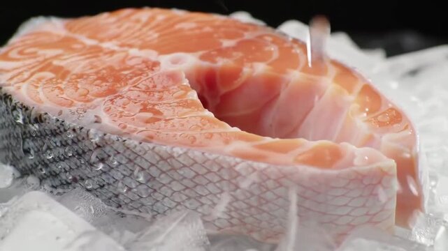 Salmon steak on ice, close-up shot of raw fish