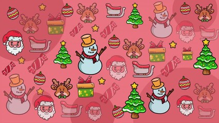 Cute Christmas in red background animation with snowmen, Santa, trees, and festive elements in a seamless looping pattern. - Powered by Adobe