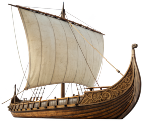 Intricately detailed, weathered wooden Viking longship with a large, billowing canvas sail and ornate carvings along the hull, depicted in a side view with, isolated on transparent background.