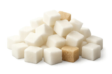 White and brown sugar cubes creating a pile, representing choice, health, and sweet food ingredients on transparent background