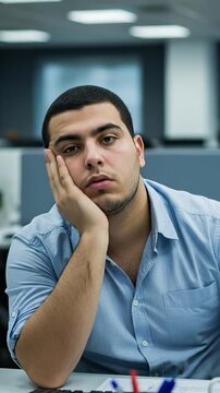 Bored Male Office Worker in Blue Shirt at Desk, Engaged in Mundane Task Amidst Corporate Environment