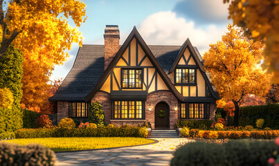 Digital illustration of Tudor-style house with brick facade and wreath entrance surrounded by autumn foliage and curved stone path.