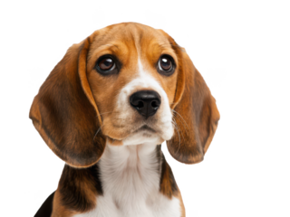 Adorable young Beagle puppy with soft, tri-colored fur and large, expressive brown eyes gazes directly at the viewer with a gentle, inquisitive expression,, isolated on transparent background.