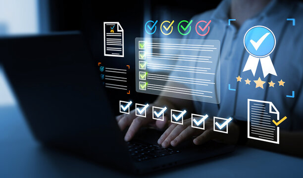 Business person in computer doing online data documentation checklist survey. Productivity document check approval and filling survey form online.Fast checklist,clipboard task business management.	
