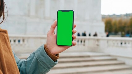 Woman holds smartphone with bright green screen in outdoor setting ready for mobile app promotion social media and modern technology presentation