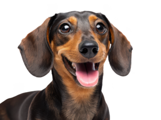 Adorable and expressive black and tan Dachshund with glossy fur and bright, captivating eyes is captured in a close-up portrait, joyfully panting with an open, isolated on transparent background.