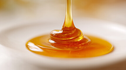 Golden honey or syrup pouring smoothly onto a white surface, highlighting its sweet, viscous texture and delicious appeal.