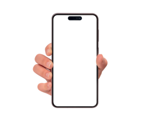 Close-up of a hand showing smartphone with a blank screen, isolated on transparent PNG. High quality studio shot. Concept for technology, business, finance, advertising and lifestyle themes.