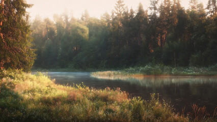 Golden sunlight illuminates a calm river flowing through a dense green forest, creating a serene and picturesque early morning landscape