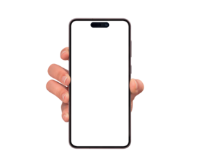 Close-up of a hand showing smartphone with a blank screen, isolated on transparent PNG. High quality studio shot. Concept for technology, business, finance, advertising and lifestyle themes.