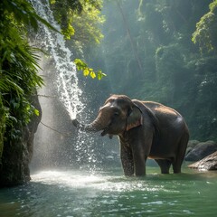 A massive Asian elephant bathing in a jungle waterfall, sparkling water, lush greenery