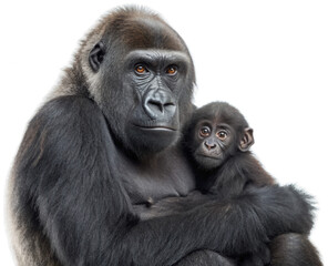 Obraz premium Majestic and protective silverback gorilla with textured, dark gray fur gently cradling a small, inquisitive baby gorilla with similar coloring, gazing forward, isolated on transparent background.