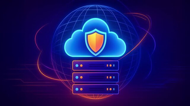 Cloud computing security concept with shield icon and server stack glowing neon blue and orange digital illustration representing data protection network safety secure cloud storage digital