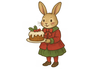 Christmas bunny holding a festive pudding, vintage animal character celebrating holiday season, transparent background