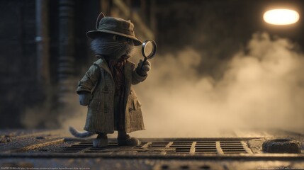 Animated feline detective, dressed in trench coat and hat, examines a grate with magnifying glass in dimly lit, smoky alley
