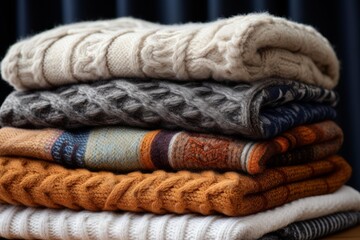 Warm, soft, folded knitted sweaters are stacked on a table, creating a cozy and inviting scene for the autumn season