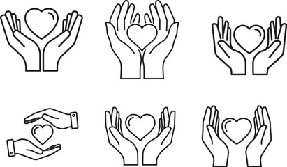 Fototapeta premium Hands holding heart icons set illustrating care, love, and protection concepts