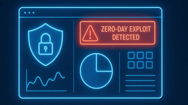 Cybersecurity warning zero day exploit detected on digital interface with lock shield icon and glowing data charts in neon blue and red colors conveying urgent threat alert and protection concept