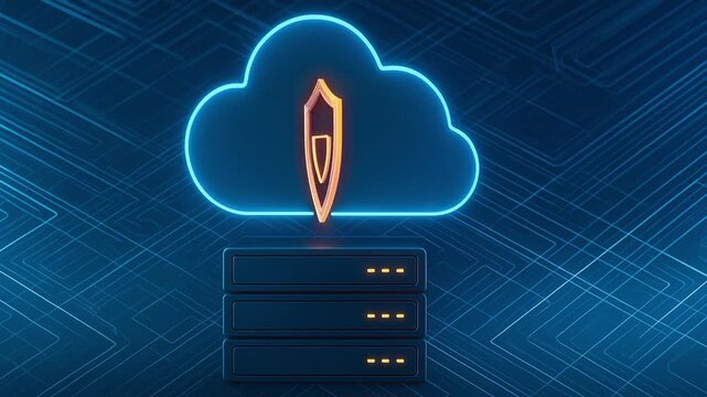 Cloud security concept with neon shield and server stack glowing blue digital background symbolizing data protection network safety and advanced cybersecurity technology protection