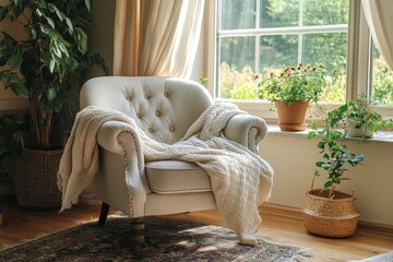 Cozy home living room interior with an armchair and sofa, window creating a comfortable and inviting environment, Generative AI