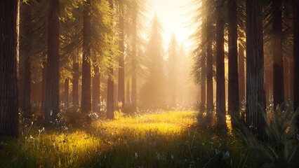 Golden Sunlight Illuminating a Majestic Forest Path, Creating a Serene and Mystical Natural Landscape
