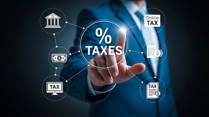 Businessman interacting with tax and symbols taxes finance