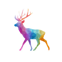Majestic polygonal deer with vibrant rainbow colors walking gracefully isolated on transparent background
