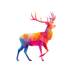 Vibrant geometric low poly stag with large antlers standing majestically isolated on transparent background