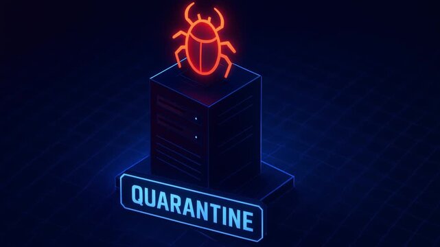 Quarantine bug virus server cybersecurity protection digital neon technology data network computer security glowing illustration concept hacking threat malware information firewall blue red dark