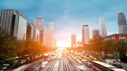 Vibrant cityscape with binary code overlay on a bustling highway at sunset - Powered by Adobe