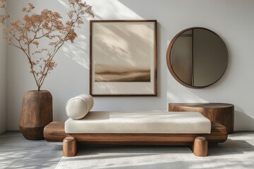 Minimalistic interior with a wooden framed poster on a white wall, a round mirror, and wooden furniture against a gray background, Generative AI